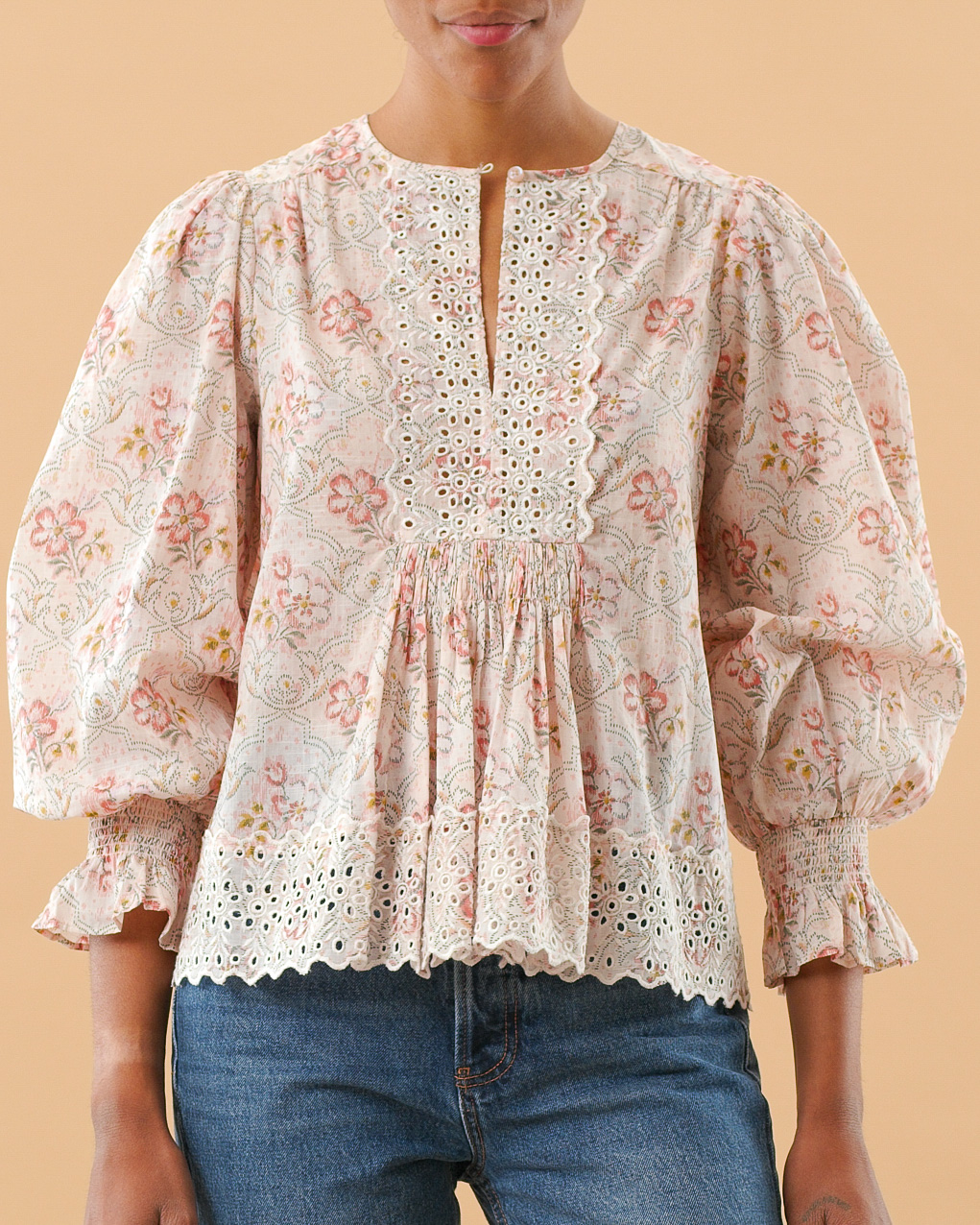by TiMo. Cotton slub blouse. Pink Flower